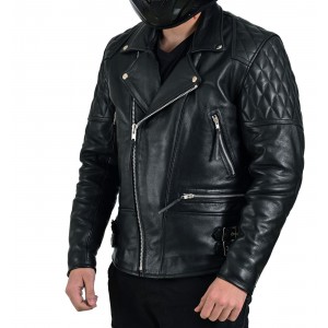 Black Classic Diamond Armoured Motorcycle Biker Leather Jackets Double Lining