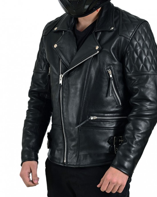 Black Classic Diamond Armoured Motorcycle Biker Leather Jackets Double Lining