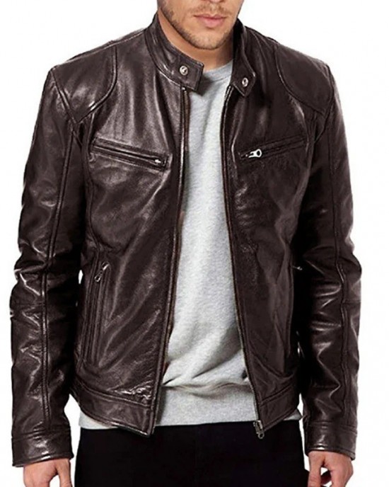 Men's Motorcycle Leather Jacket Pu Slim Fit Casual Biker Coat - Brown