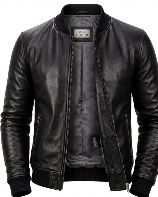 Men's Genuine Sheep Leather Jacket Black Slim Fit Biker Casual Cafe Racer Coat