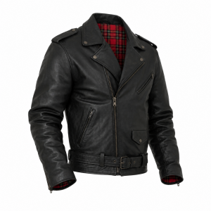 Handmade Mens Leather Jacket Vintage Style Black Biker Coat Plaid Lined