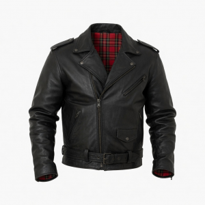 Handmade Mens Leather Jacket Vintage Style Black Biker Coat Plaid Lined