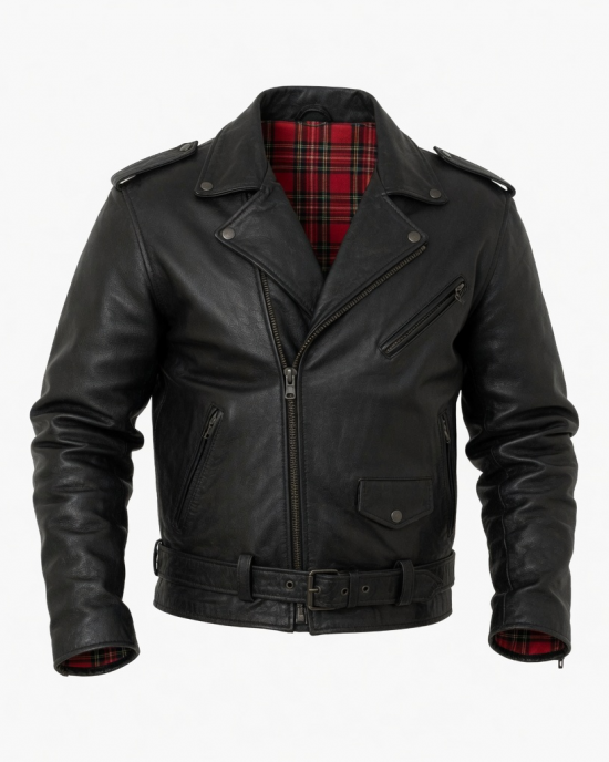 Handmade Mens Leather Jacket Vintage Style Black Biker Coat Plaid Lined