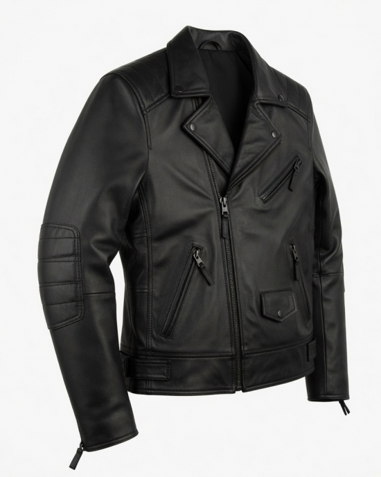 Men Genuine Lambskin Leather Motorcycle Slim Fit Black Biker Jacket