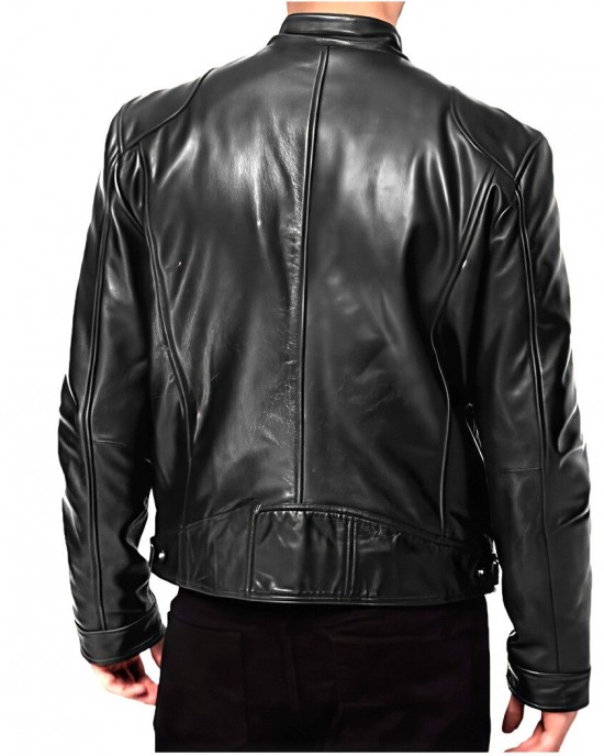 Cafe Racer Men's Motorcycle Leather Jacket Genuine Sheepskin Biker Black Jacket