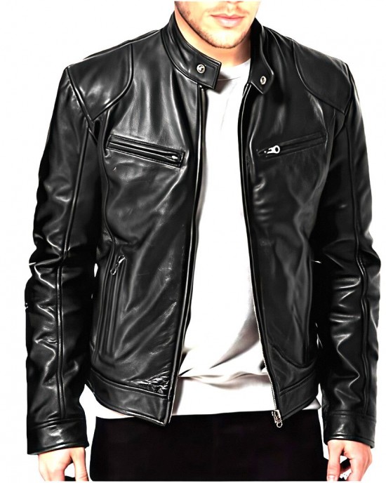 Cafe Racer Men's Motorcycle Leather Jacket Genuine Sheepskin Biker Black Jacket