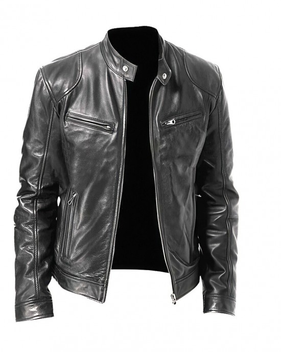 Cafe Racer Men's Motorcycle Leather Jacket Genuine Sheepskin Biker Black Jacket