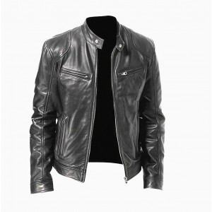 Cafe Racer Men's Motorcycle Leather Jacket Genuine Sheepskin Biker Black Jacket