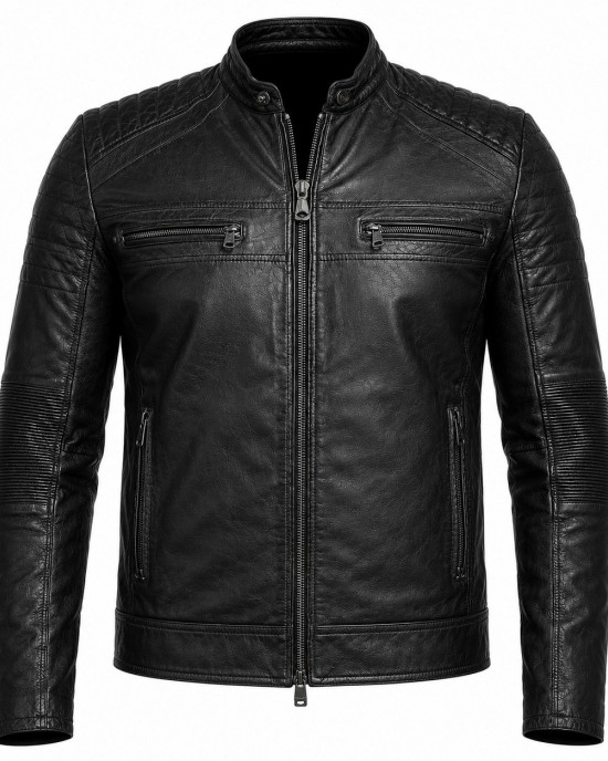 Men's Genuine Sheepskin Leather Motorcycle Jacket Vintage Cafe Racer Biker Black - BROWN