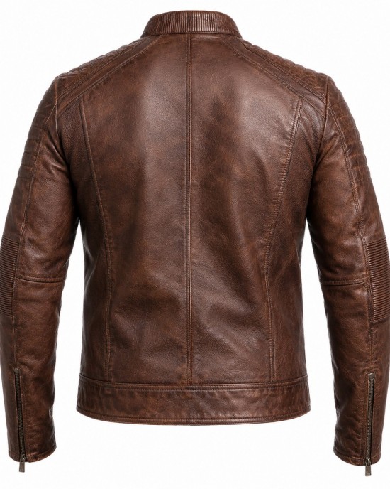 Men's Genuine Sheepskin Leather Motorcycle Jacket Vintage Cafe Racer Biker Black - BROWN