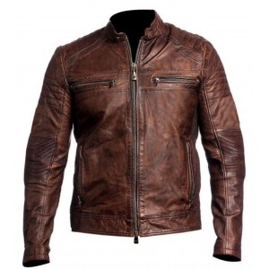 Men's Genuine Sheepskin Leather Motorcycle Jacket Vintage Cafe Racer Biker Black - BROWN