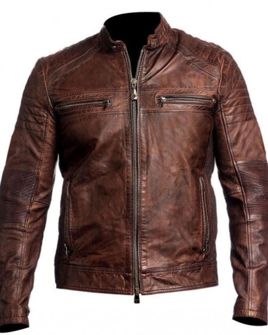 Men's Genuine Sheepskin Leather Motorcycle Jacket Vintage Cafe Racer Biker Black - BROWN