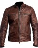 Men's Genuine Sheepskin Leather Motorcycle Jacket Vintage Cafe Racer Biker Black - BROWN