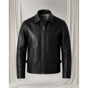 Men's Black Lambskin Leather Bomber Biker Jacket Classic Zip Front Casual Coat