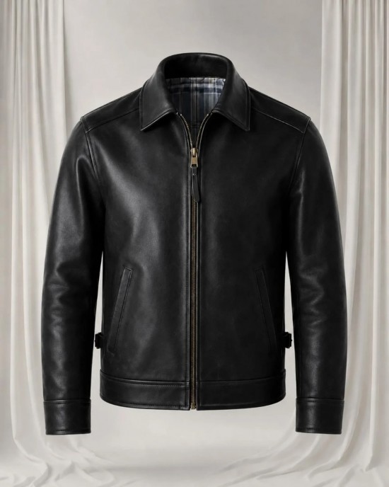 Men's Black Lambskin Leather Bomber Biker Jacket Classic Zip Front Casual Coat