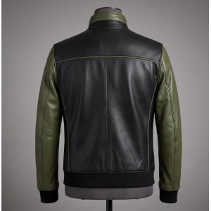 Men's Black Olive Lambskin Leather Quilted Bomber Jacket Biker Style Zip Up Coat