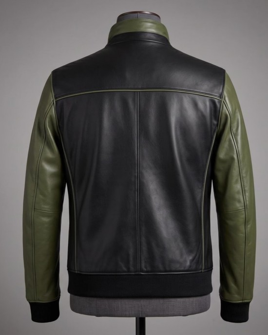 Men's Black Olive Lambskin Leather Quilted Bomber Jacket Biker Style Zip Up Coat
