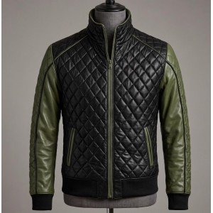 Men's Black Olive Lambskin Leather Quilted Bomber Jacket Biker Style Zip Up Coat