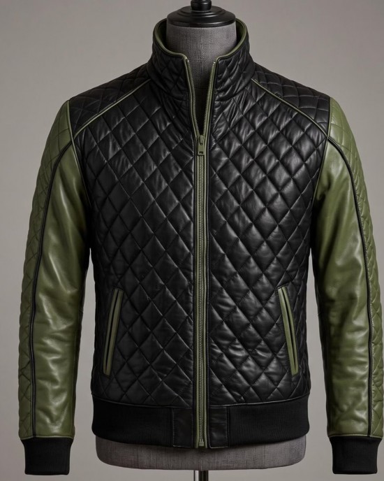 Men's Black Olive Lambskin Leather Quilted Bomber Jacket Biker Style Zip Up Coat
