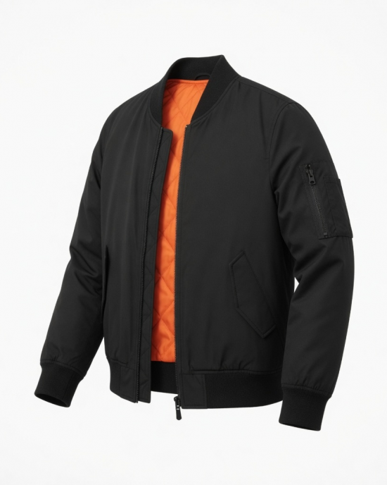 Mens Lightweight MA-1 Flight Jacket Bomber Warm Polyester Full Zip Coat New - Black