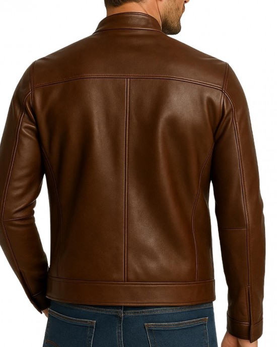 Men's Brown Genuine Leather Cafe Racer Jacket Slim Fit Biker Motorcycle Coat