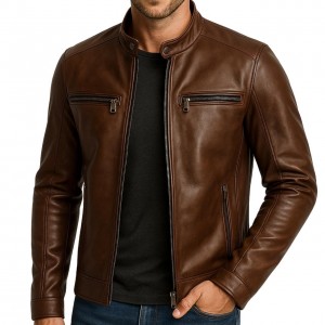 Men's Brown Genuine Leather Cafe Racer Jacket Slim Fit Biker Motorcycle Coat
