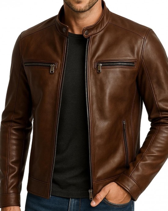 Men's Brown Genuine Leather Cafe Racer Jacket Slim Fit Biker Motorcycle Coat