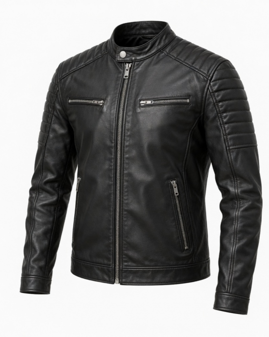 Genuine Leather Jacket Men's Black Slim Fit Motorcycle Biker Cafe Racer Coat