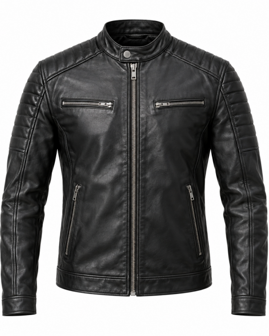 Genuine Leather Jacket Men's Black Slim Fit Motorcycle Biker Cafe Racer Coat