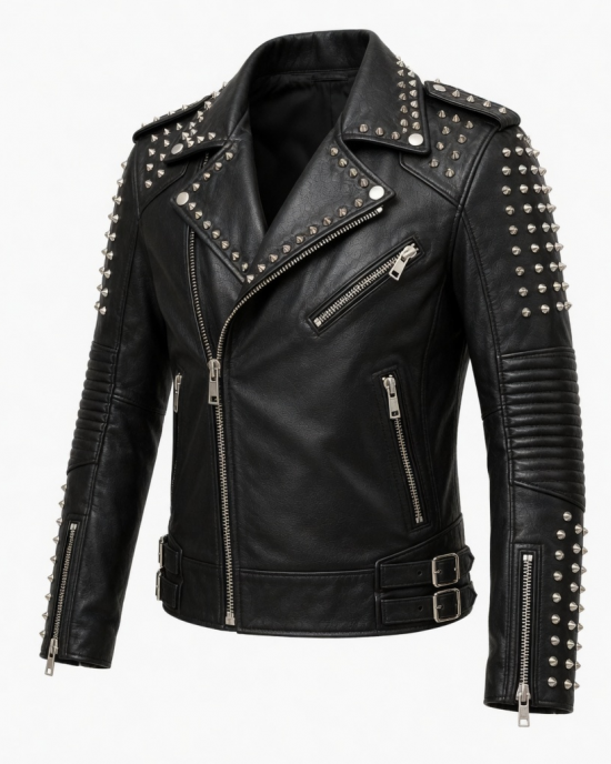 Men's Black Studded Leather Biker Jacket Punk Motorcycle Rock Gothic Coat