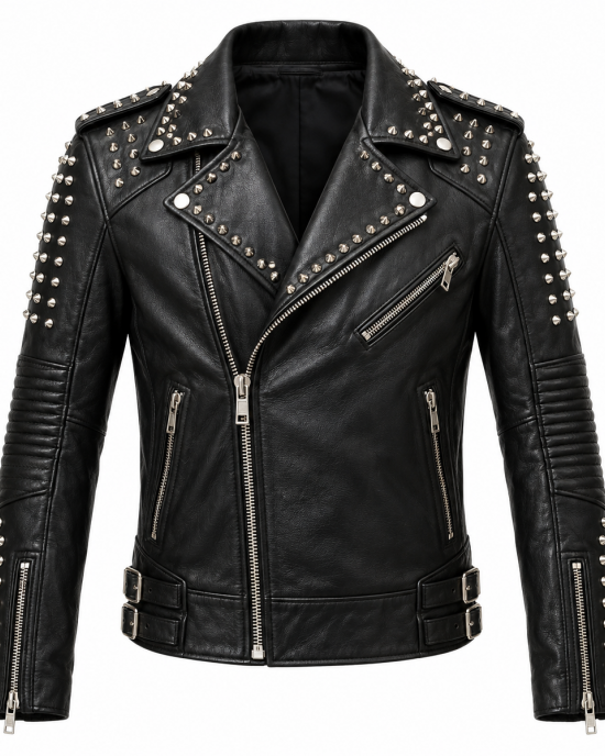 Men's Black Studded Leather Biker Jacket Punk Motorcycle Rock Gothic Coat
