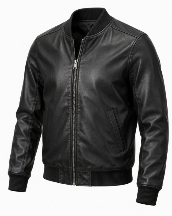 Men's Genuine Leather Jacket Zip-Up Classic Bomber Casual Biker Coat Outerwear - Black