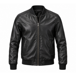 Men's Genuine Leather Jacket Zip-Up Classic Bomber Casual Biker Coat Outerwear - Black