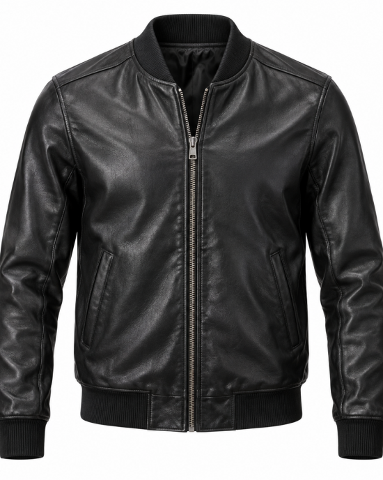 Men's Genuine Leather Jacket Zip-Up Classic Bomber Casual Biker Coat Outerwear - Black