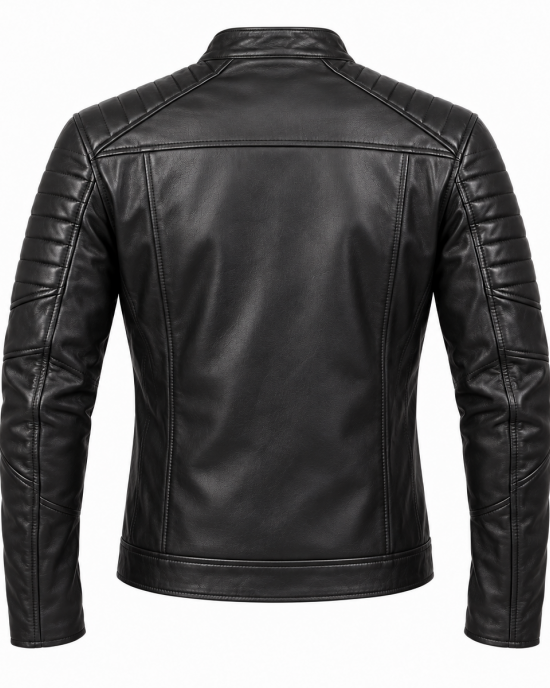 Men's Genuine Lambskin Leather Jacket Black Slim Fit Cafe Racer Biker Motorcycle