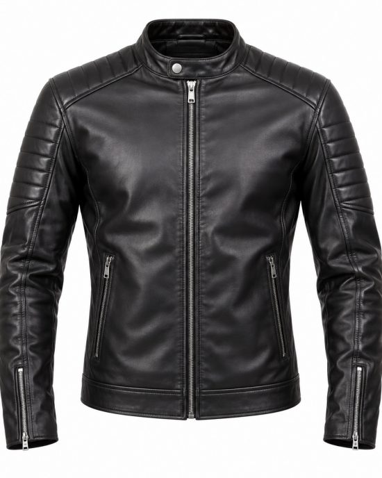 Men's Genuine Lambskin Leather Jacket Black Slim Fit Cafe Racer Biker Motorcycle