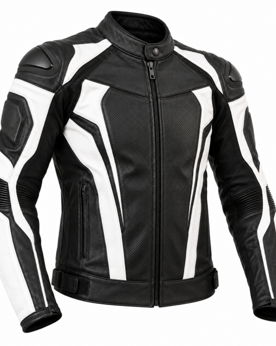 Motorcycle Jacket Men's Leather Racing Biker Motorcycle Black White
