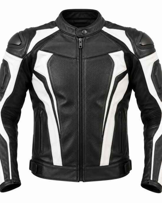 Motorcycle Jacket Men's Leather Racing Biker Motorcycle Black White