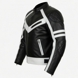 Black and White Leather Motorcycle Racing Jacket Ce Approved Genuine Riding Gear