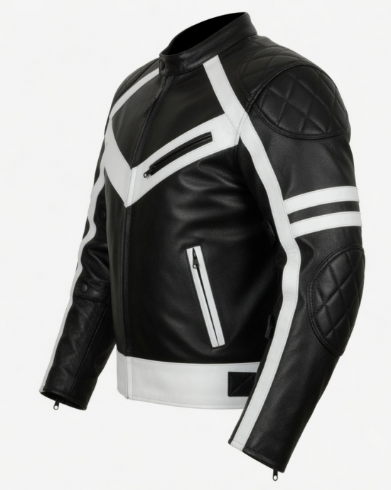 Black and White Leather Motorcycle Racing Jacket Ce Approved Genuine Riding Gear