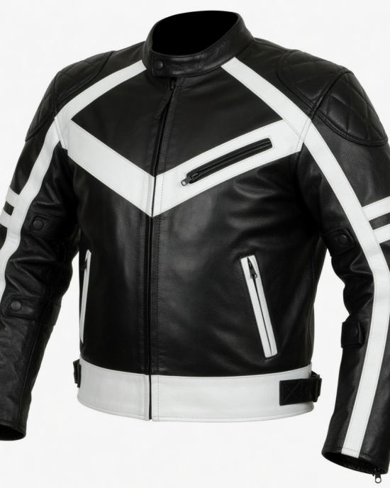 Black and White Leather Motorcycle Racing Jacket Ce Approved Genuine Riding Gear