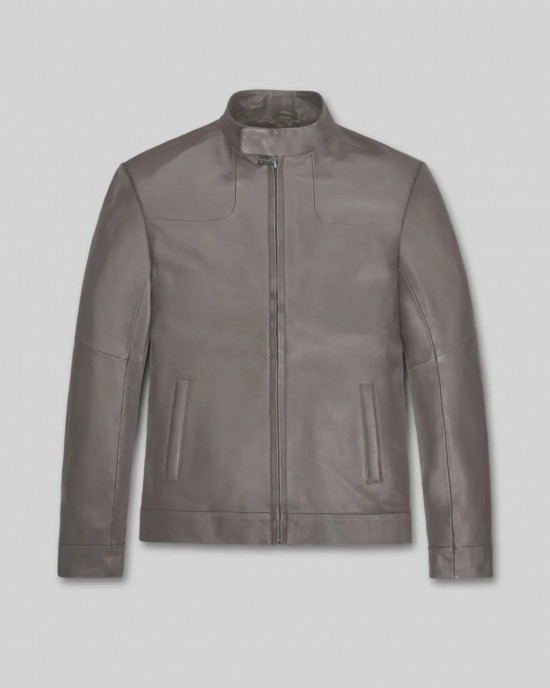 Men's Grey Leather Jacket Stand Collar Biker Motorcycle Cafe Racer Slim Coat