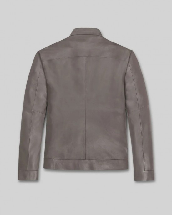 Men's Grey Leather Jacket Stand Collar Biker Motorcycle Cafe Racer Slim Coat