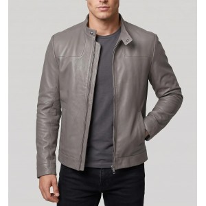 Men's Grey Leather Jacket Stand Collar Biker Motorcycle Cafe Racer Slim Coat