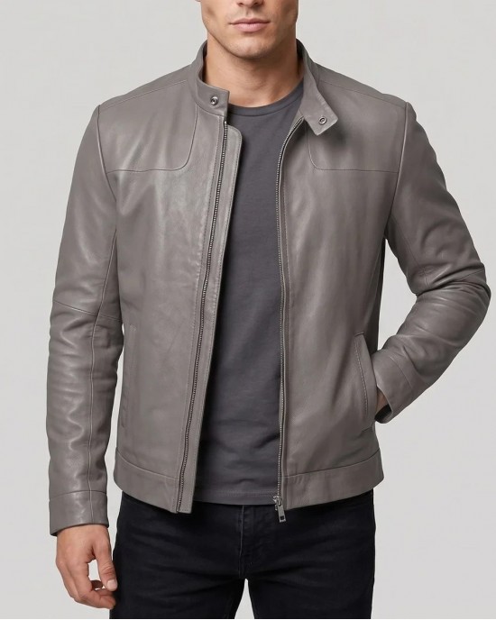 Men's Grey Leather Jacket Stand Collar Biker Motorcycle Cafe Racer Slim Coat