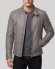 Men's Grey Leather Jacket Stand Collar Biker Motorcycle Cafe Racer Slim Coat