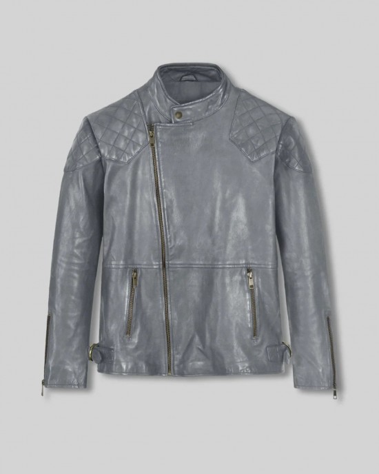 Mens Grey Real Leather Biker Jacket Quilted Shoulder Motorcycle Zip Coat Slim