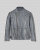 Mens Grey Real Leather Biker Jacket Quilted Shoulder Motorcycle Zip Coat Slim