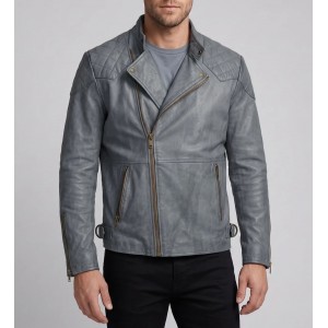 Mens Grey Real Leather Biker Jacket Quilted Shoulder Motorcycle Zip Coat Slim