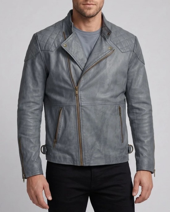 Mens Grey Real Leather Biker Jacket Quilted Shoulder Motorcycle Zip Coat Slim